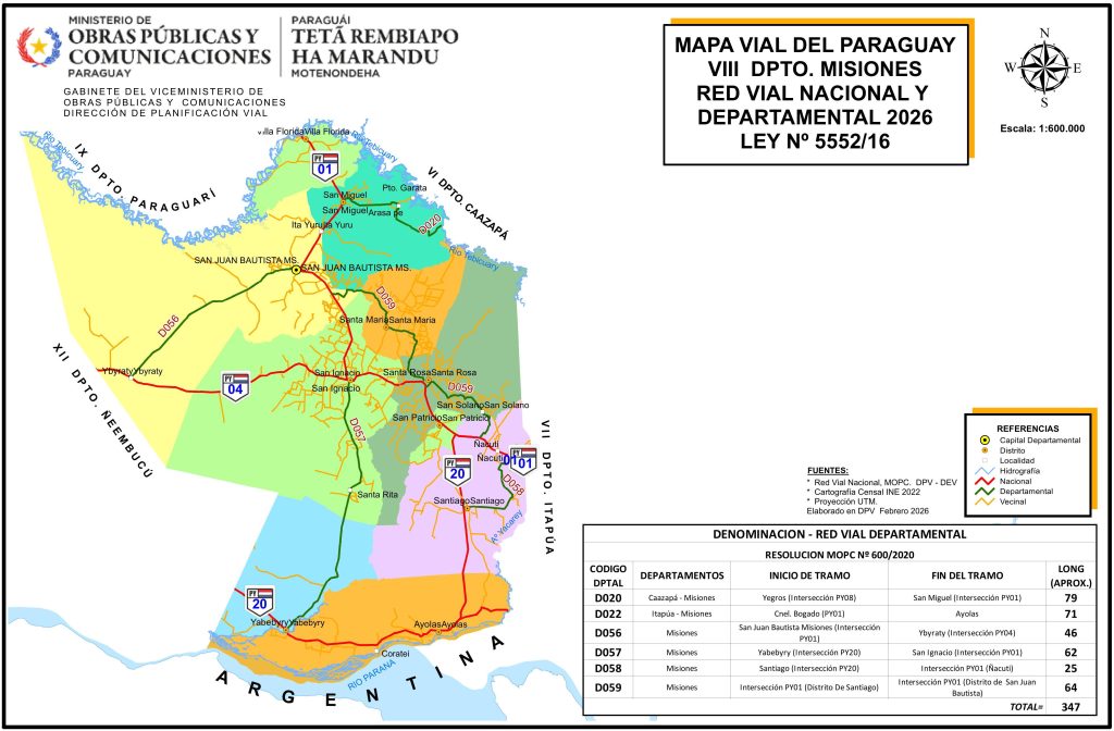 Mapa de carreteras del departamento de Misiones (Paraguay).