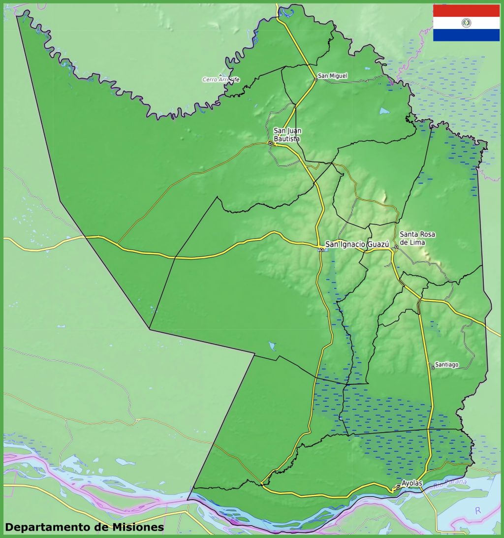 Mapa físico del departamento de Misiones (Paraguay).