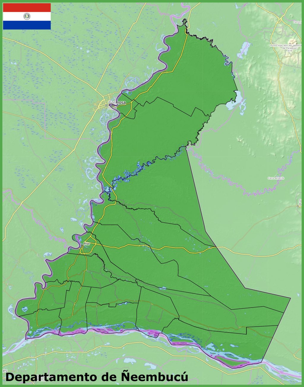 Mapa físico del departamento de Ñeembucú.