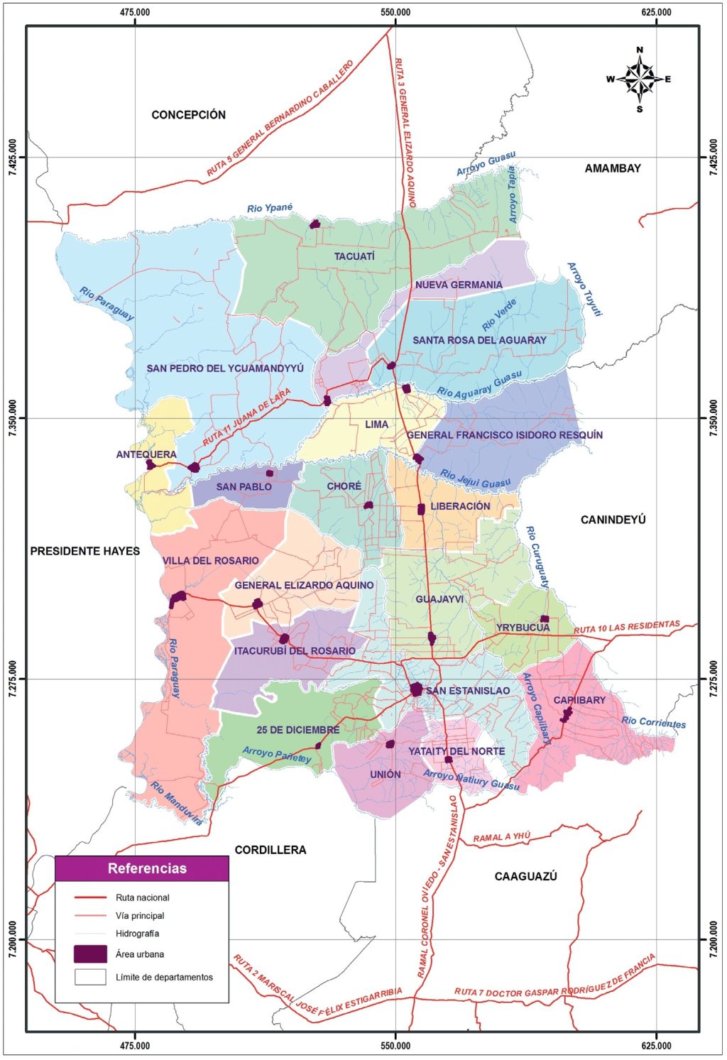 Mapa político del departamento de San Pedro (Paraguay).