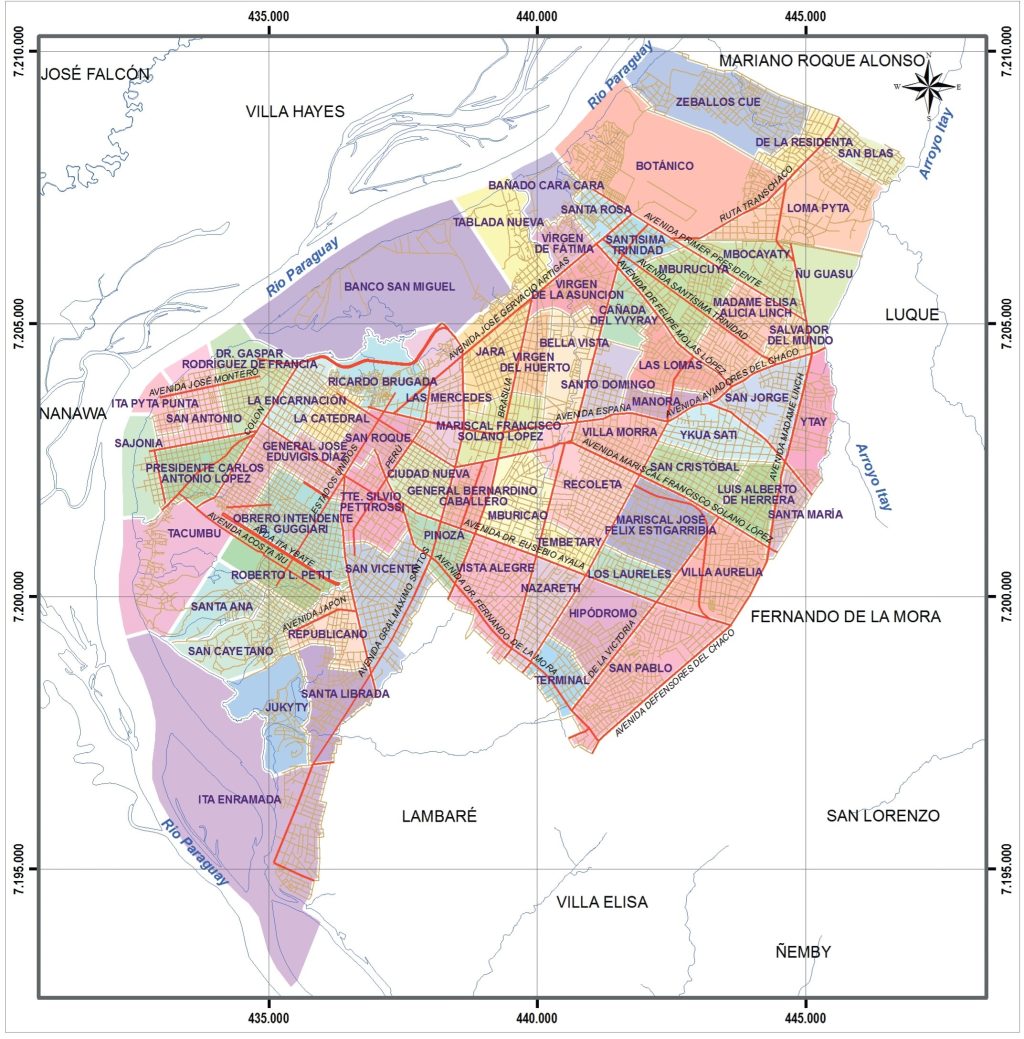 Mapa de los barrios de la ciudad de Asunción.