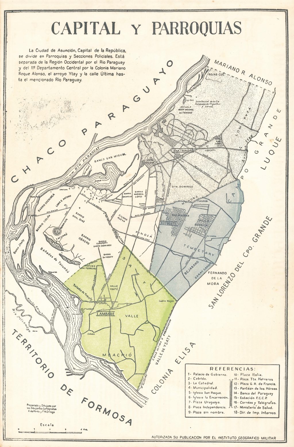 Plano de Asunción, titulado "Capital y Parroquias" de 1960.