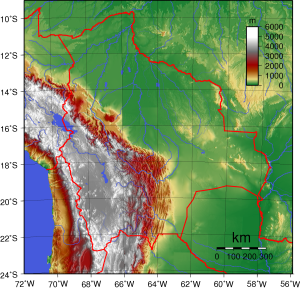 Mapa topográfico de Bolivia.