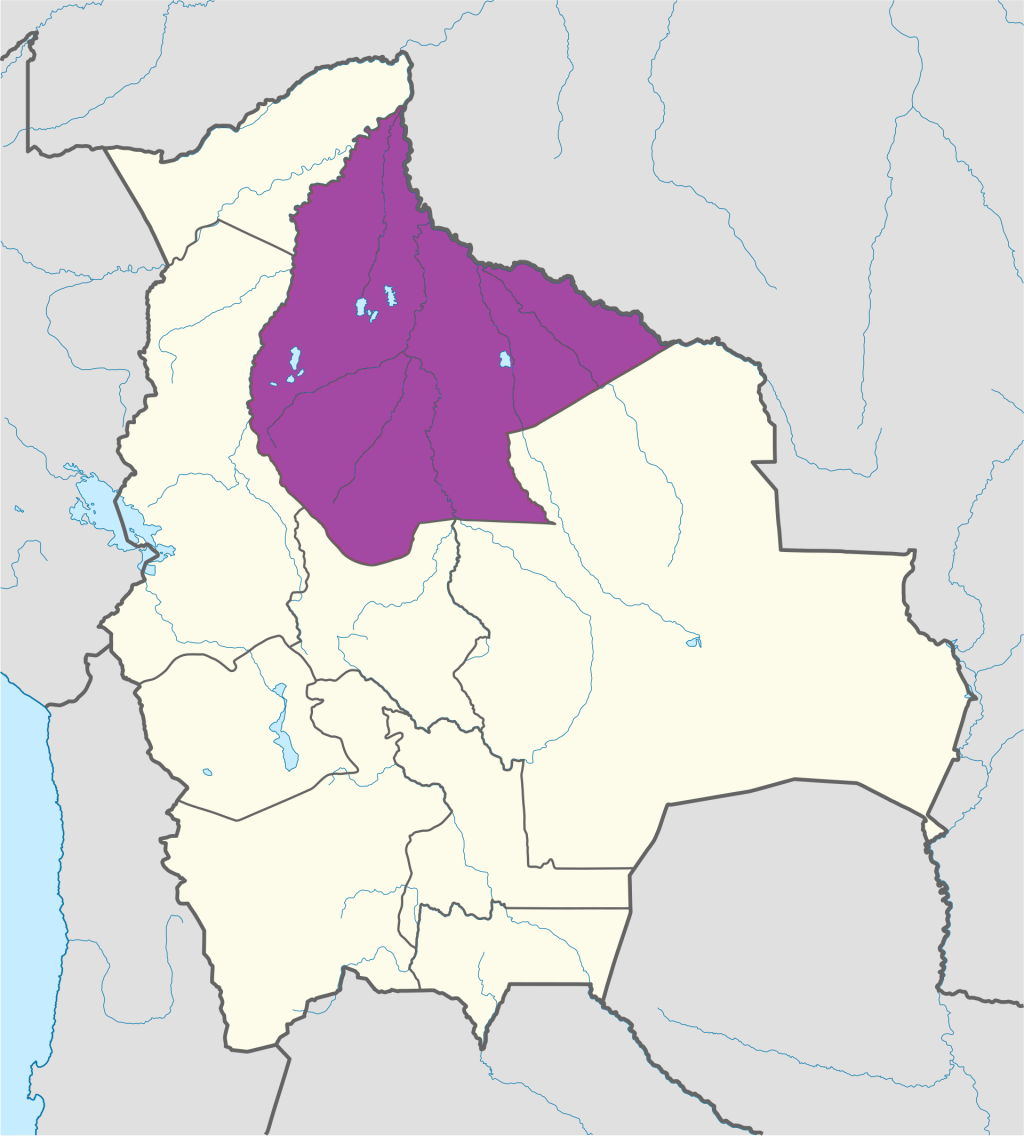 Mapa de ubicación del departamento del Beni en Bolivia.