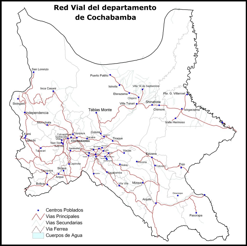 Mapa de carreteras del departamento de Cochabamba.