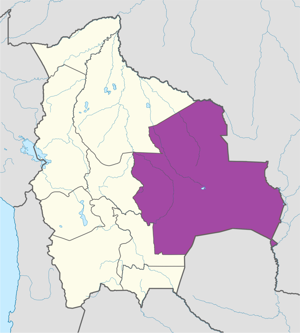 Mapa de ubicaci&oacute;n del departamento de Santa Cruz en Bolivia.