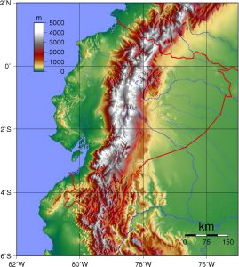 Mapa topográfico en blanco de Ecuador.