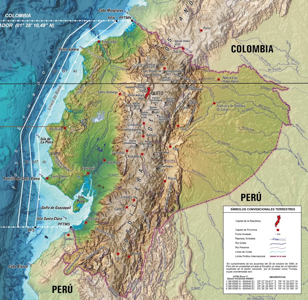 Mapa f&iacute;sico de Ecuador.