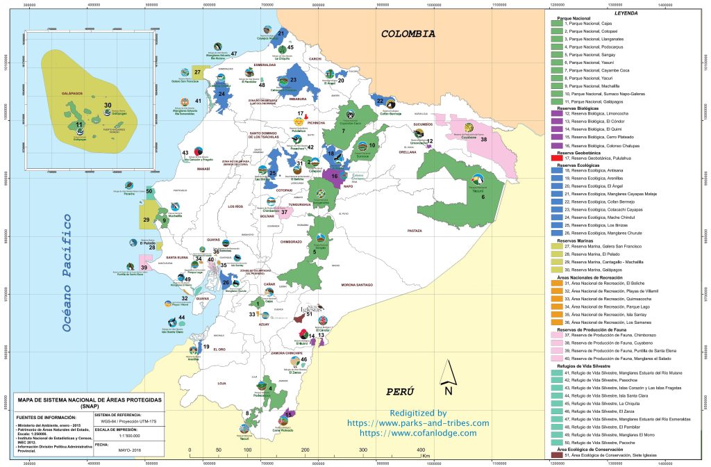 Mapa de las &aacute;reas naturales protegidas de Ecuador.
