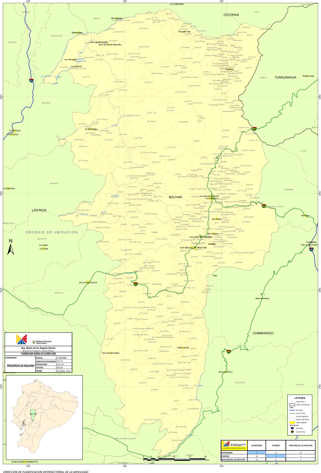 Mapa de carreteras de la provincia de Bol&iacute;var (Ecuador).