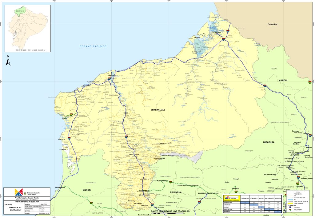 Mapa de carreteras de la provincia de Esmeraldas.