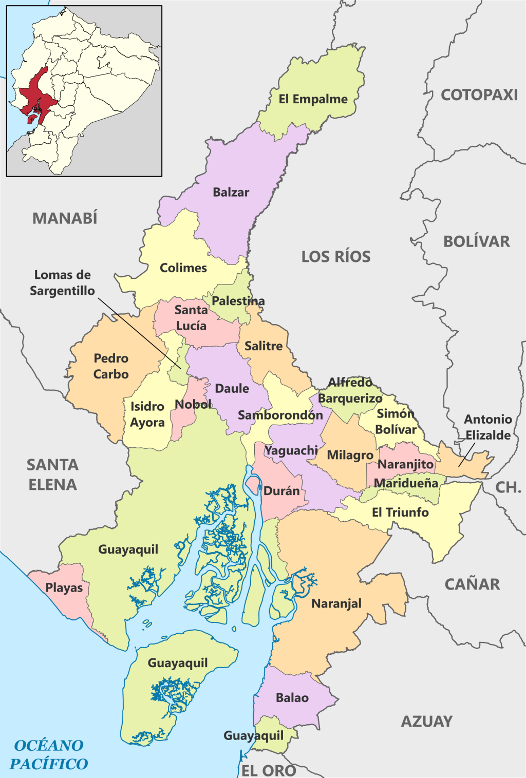 Mapa pol&iacute;tico de la provincia del Guayas.