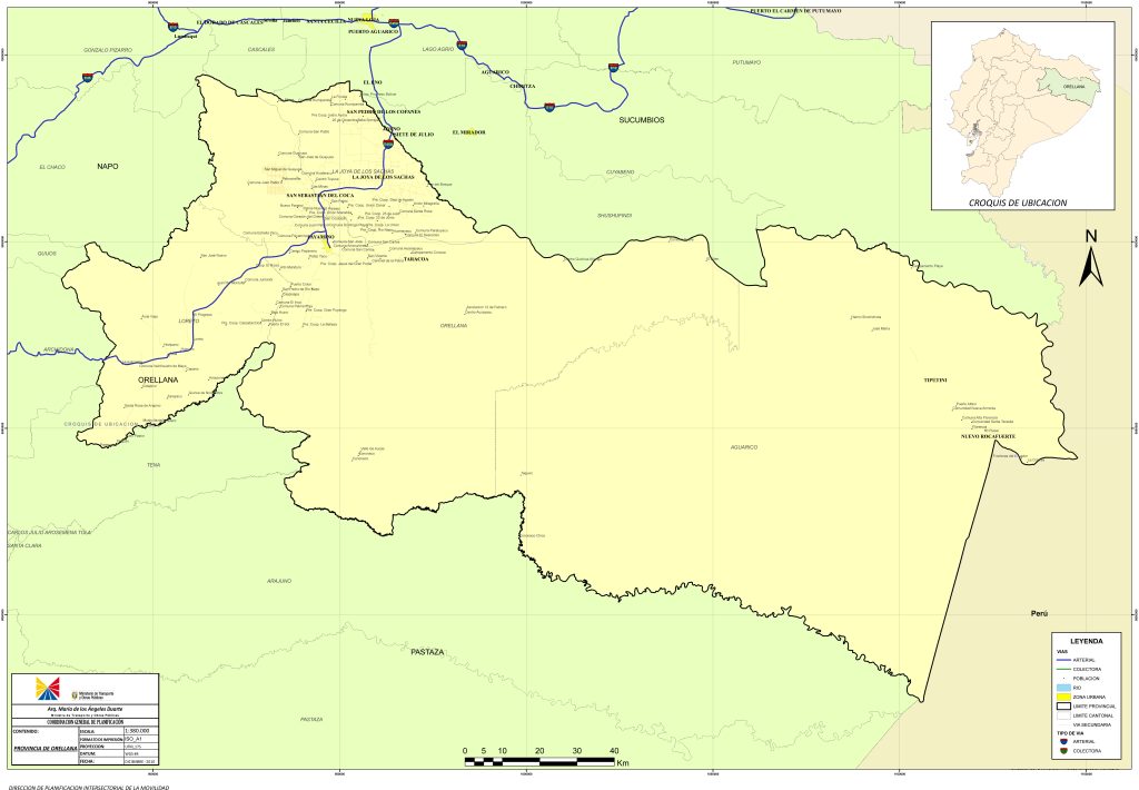 Mapa de carreteras de la provincia de Orellana.