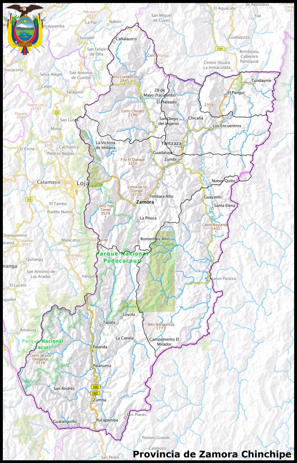 Mapa de la provincia de Zamora Chinchipe.