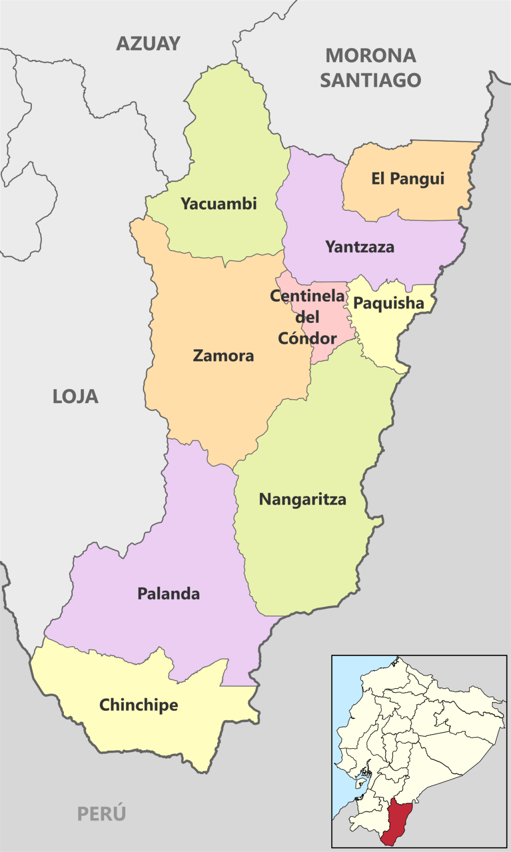 Mapa pol&iacute;tico de la provincia de Zamora Chinchipe.
