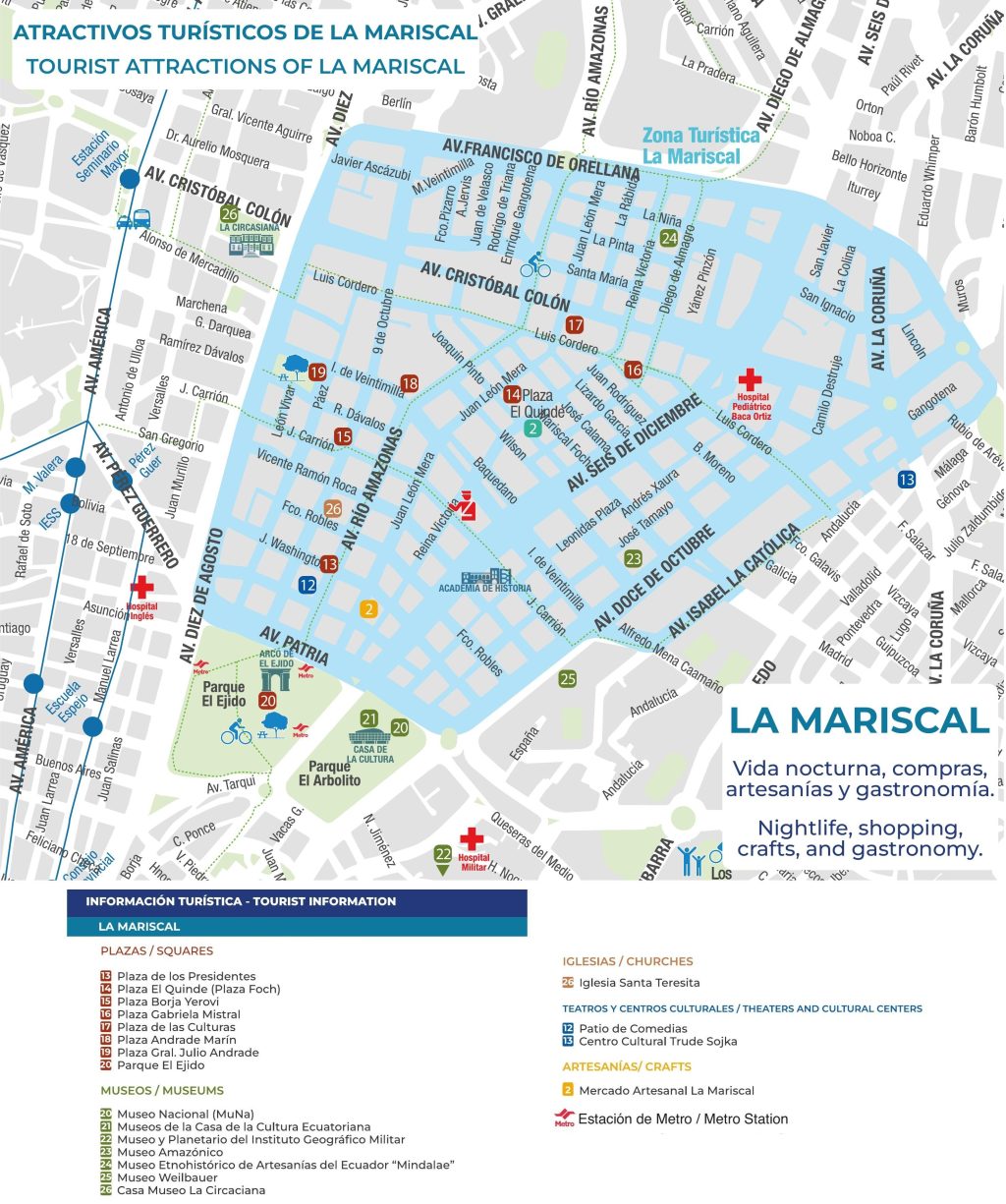 Plano de los atractivos tur&iacute;sticos de La Mariscal en Quito.