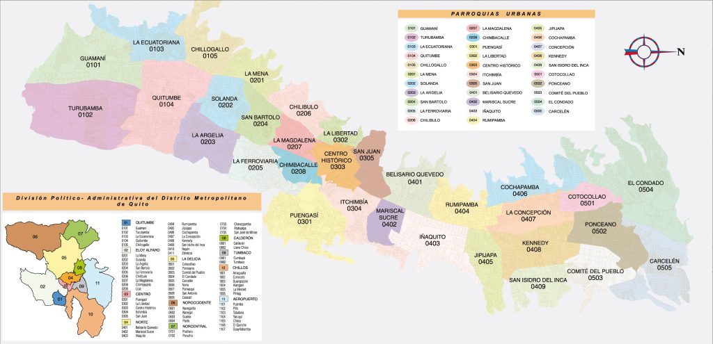 Mapa de la divisi&oacute;n pol&iacute;tico-administrativa del Distrito Metropolitano de Quito (DMQ).