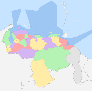 Mapa en blanco de la divisi&oacute;n administrativa y el espacio mar&iacute;timo de Venezuela.