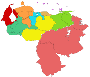Mapa en blanco de las regiones administrativas de Venezuela.