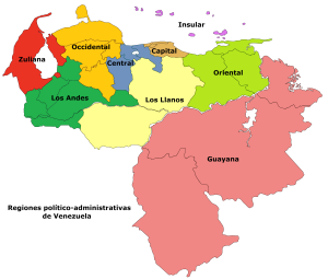 Regiones pol&iacute;tico-administrativas de Venezuela.