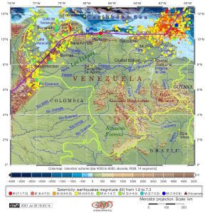 Mapa s&iacute;smico de terremotos en la regi&oacute;n de Venezuela (1997-2021).