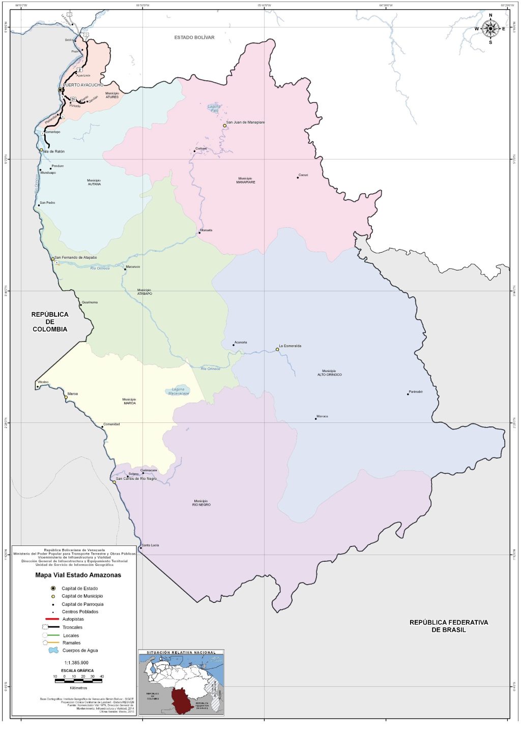 Mapa de carreteras del estado Amazonas (Venezuela).