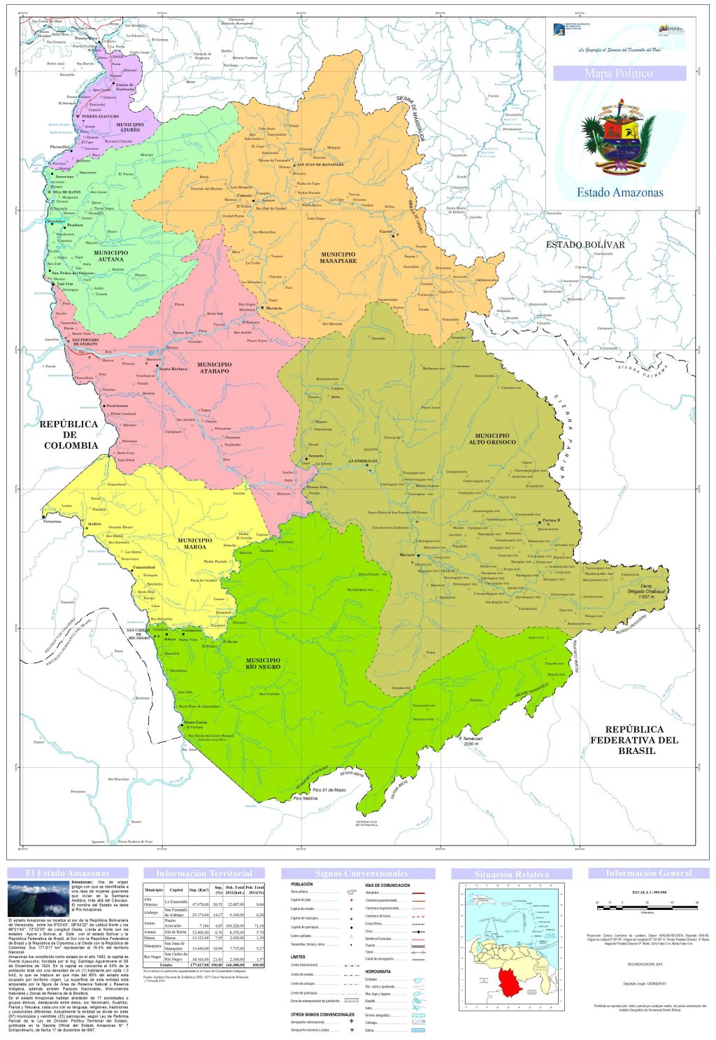Mapa pol&iacute;tico del estado Amazonas (Venezuela).