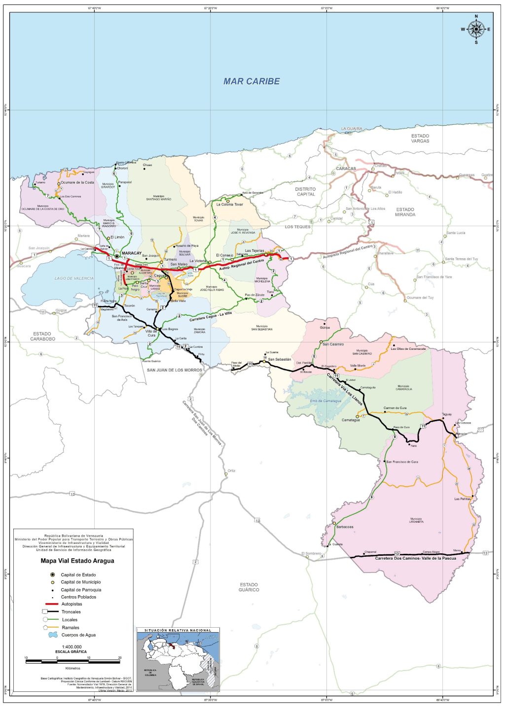 Mapa de carreteras del estado Aragua.