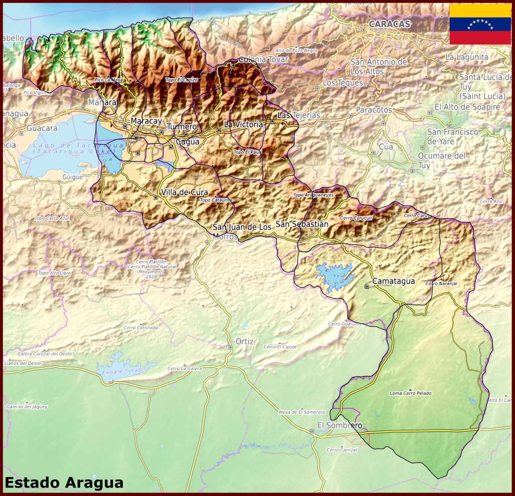 Mapa f&iacute;sico del estado Aragua.