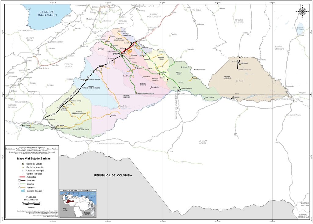 Mapa de carreteras del estado Barinas.