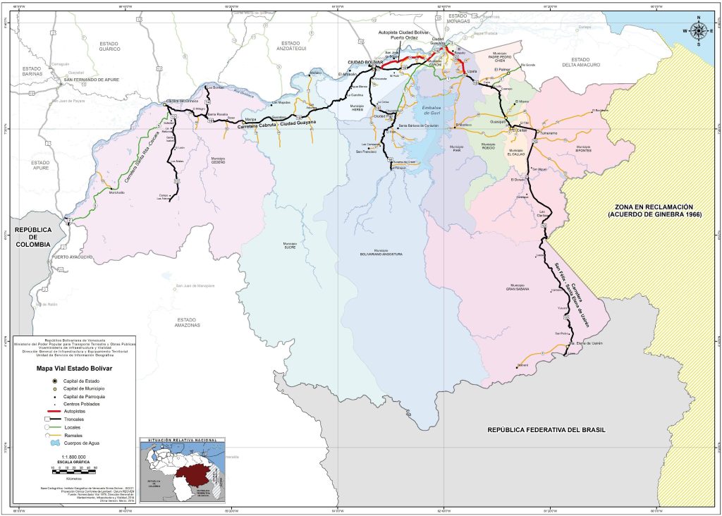 Mapa de carreteras del estado Bol&iacute;var (Venezuela).