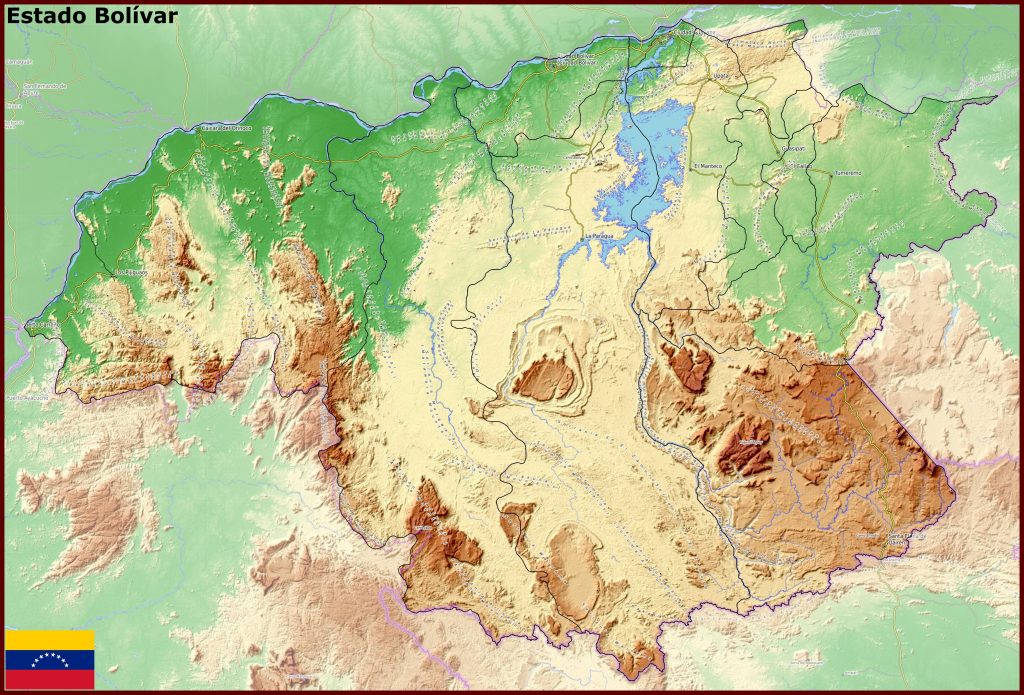 Mapa f&iacute;sico del estado Bol&iacute;var (Venezuela).