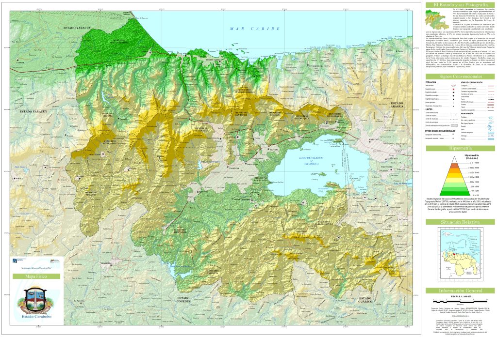 Mapa f&iacute;sico del estado Carabobo.