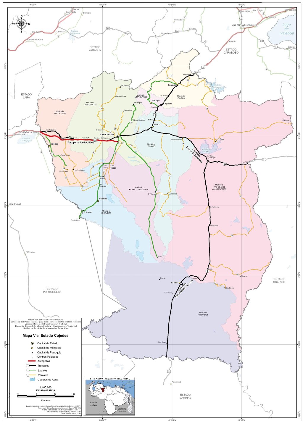 Mapa de carreteras del estado Cojedes.