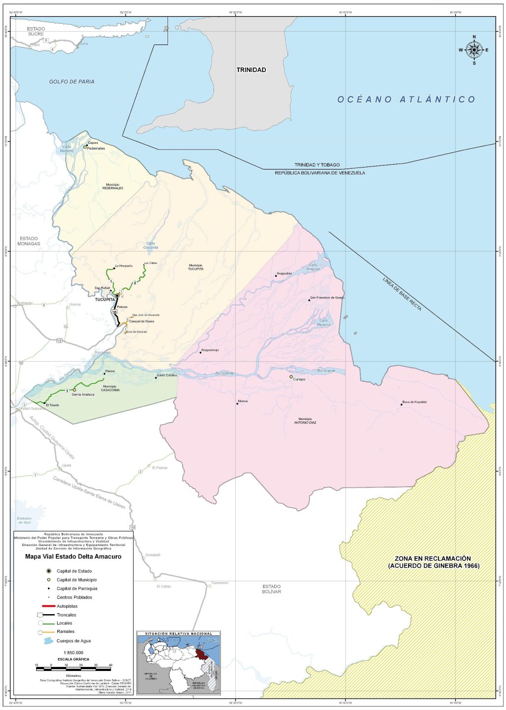 Mapa de carreteras del estado Delta Amacuro.