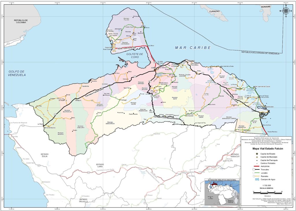 Mapa de carreteras del estado Falc&oacute;n.