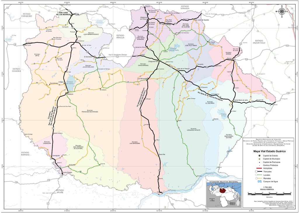 Mapa de carreteras del estado Gu&aacute;rico.