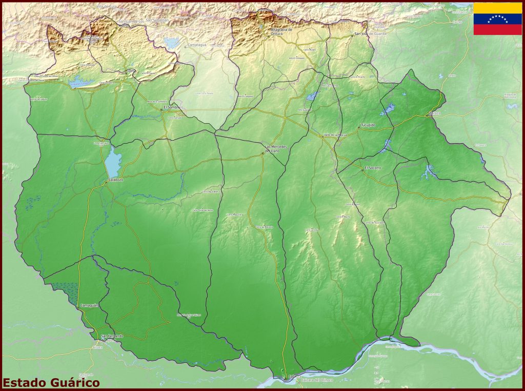 Mapa f&iacute;sico del estado Gu&aacute;rico.