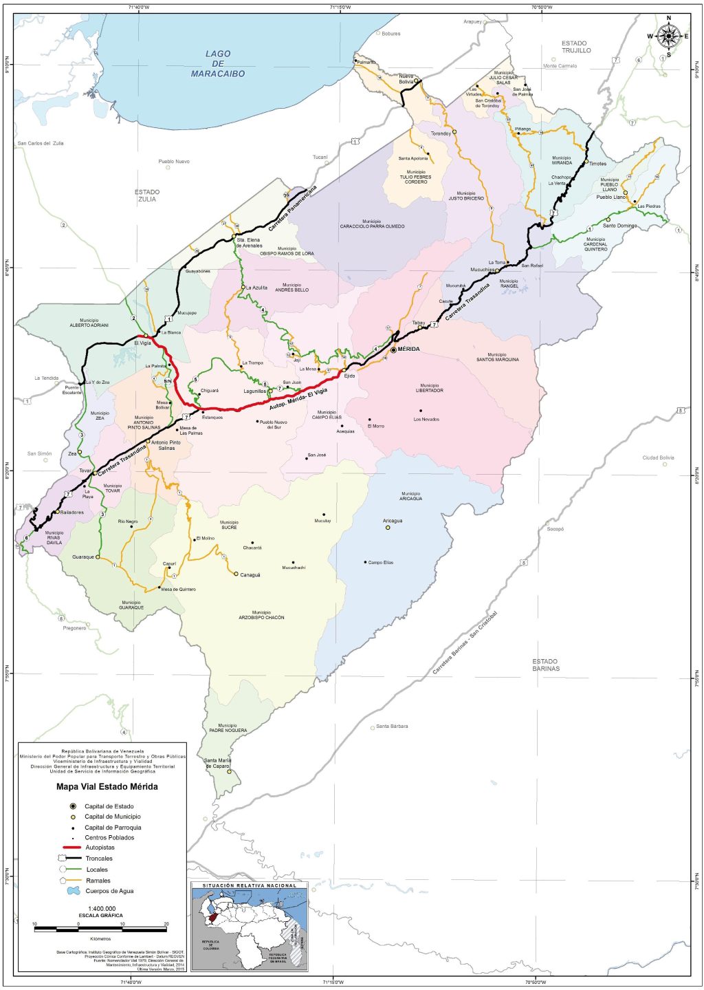 Mapa de carreteras del estado M&eacute;rida.
