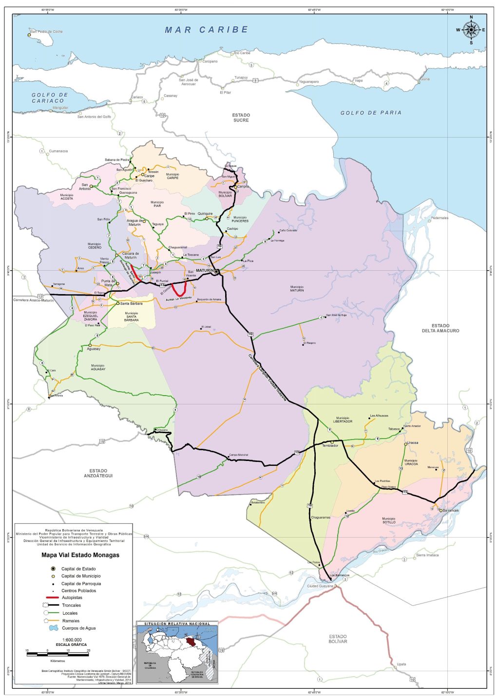 Mapa de carreteras del estado Monagas.