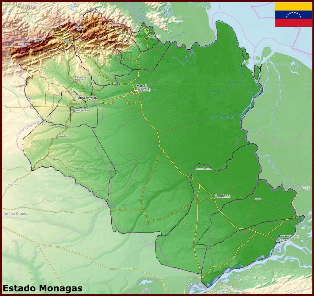 Mapa f&iacute;sico del estado Monagas.