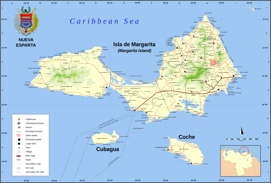 Mapa de las ciudades del estado Nueva Esparta.