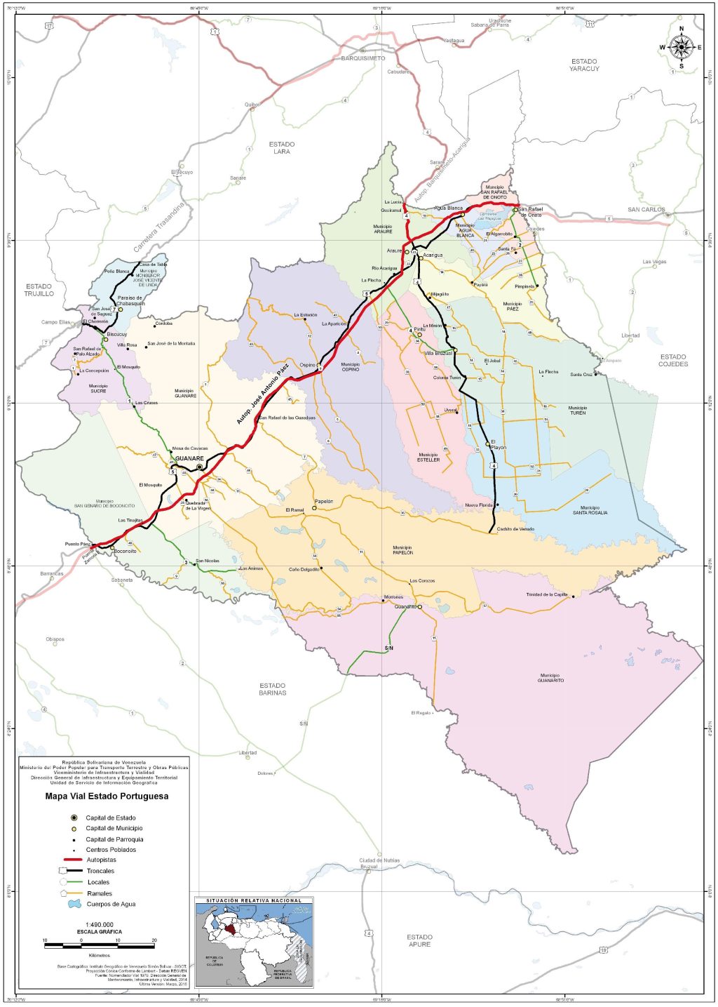 Mapa de carreteras del estado Portuguesa.