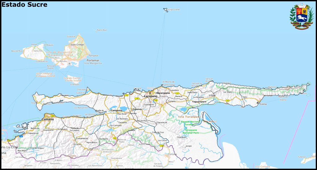 Mapa del estado Sucre (Venezuela).