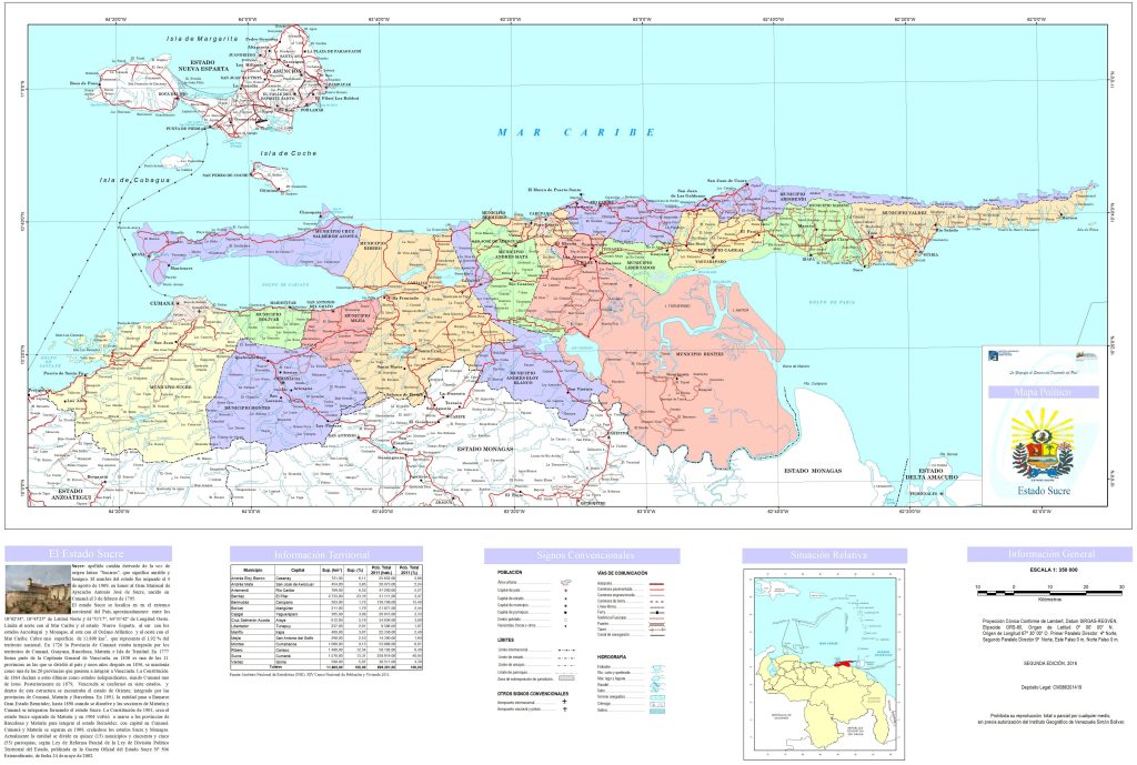 Mapa pol&iacute;tico del estado Sucre (Venezuela).