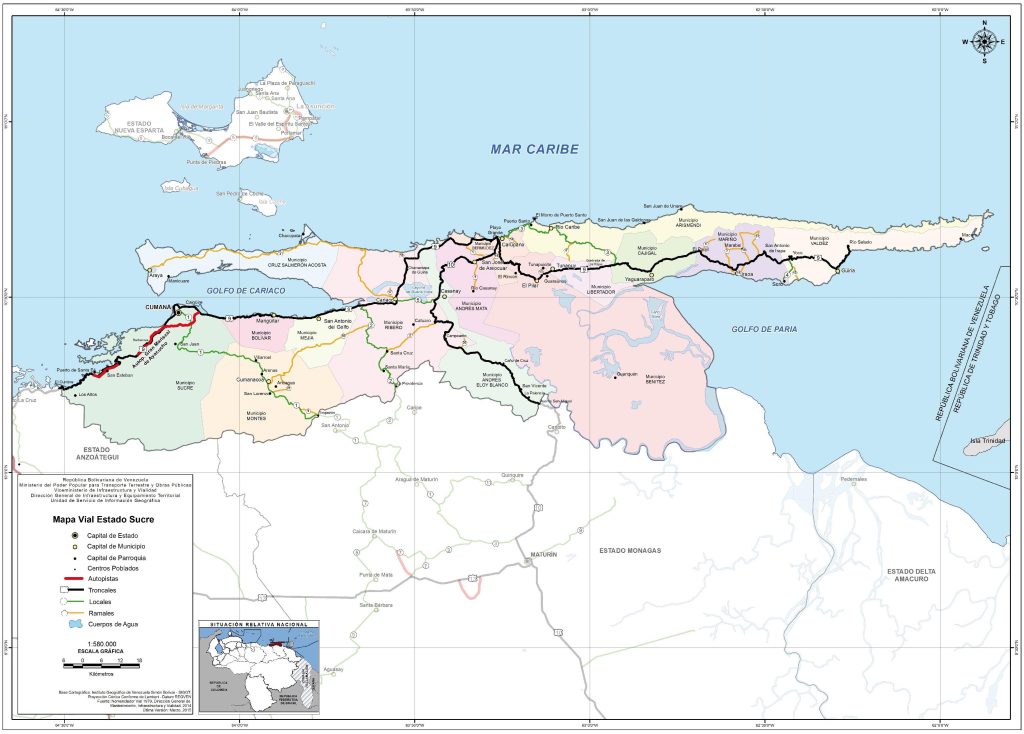 Mapa de carreteras del estado Sucre (Venezuela).