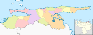 Mapa mudo coloreado del estado Sucre (Venezuela).