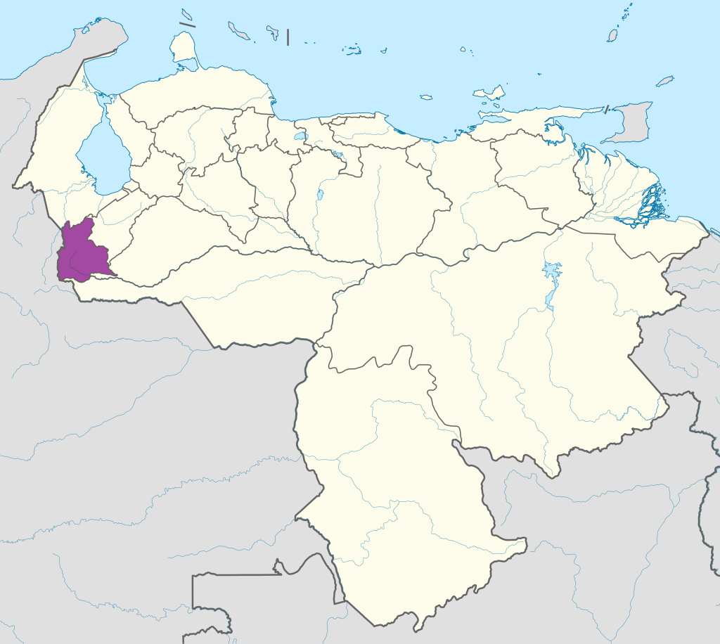 Mapa de ubicaci&oacute;n del estado T&aacute;chira en Venezuela.