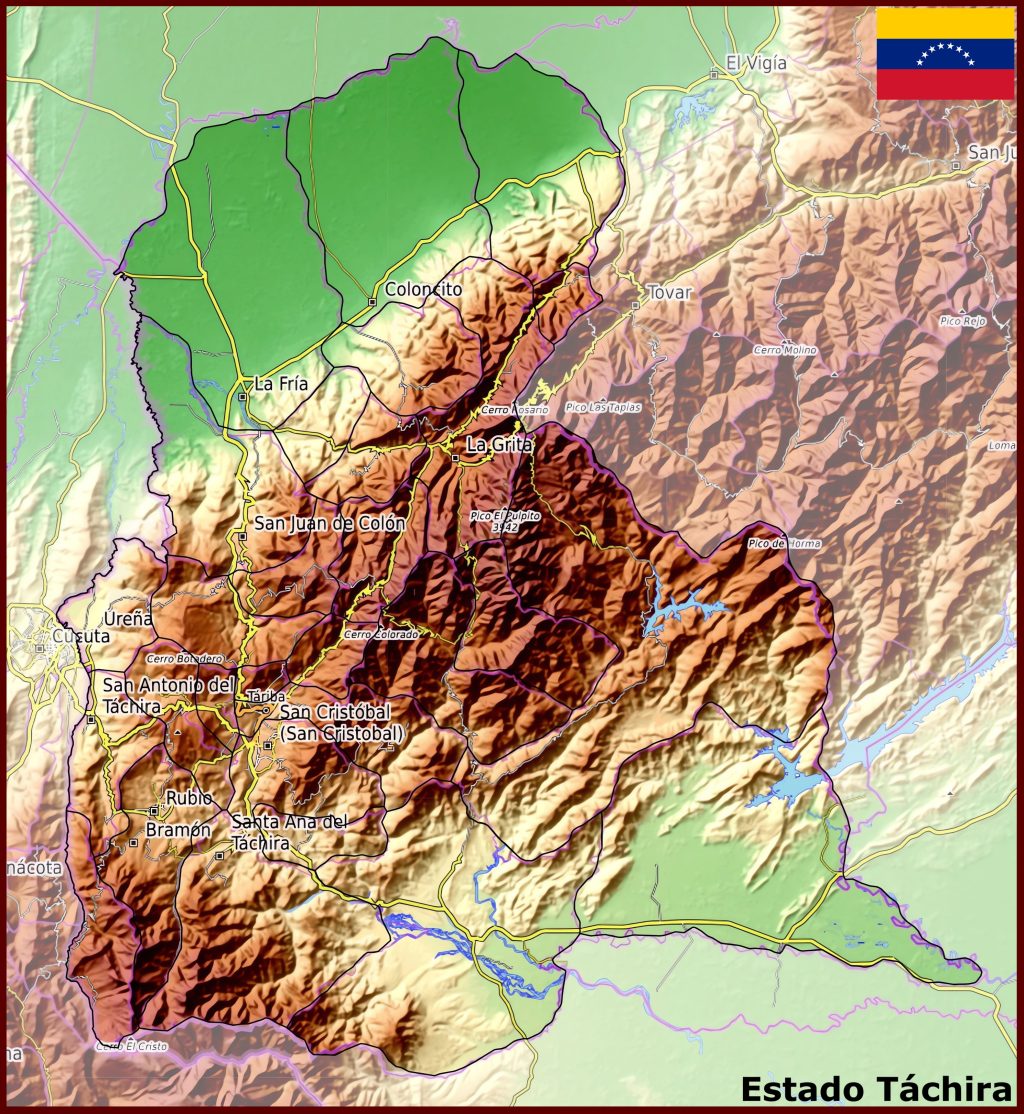 Mapa f&iacute;sico del estado T&aacute;chira.