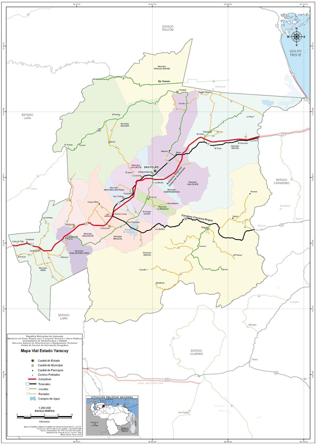 Mapa de carreteras del estado Yaracuy.